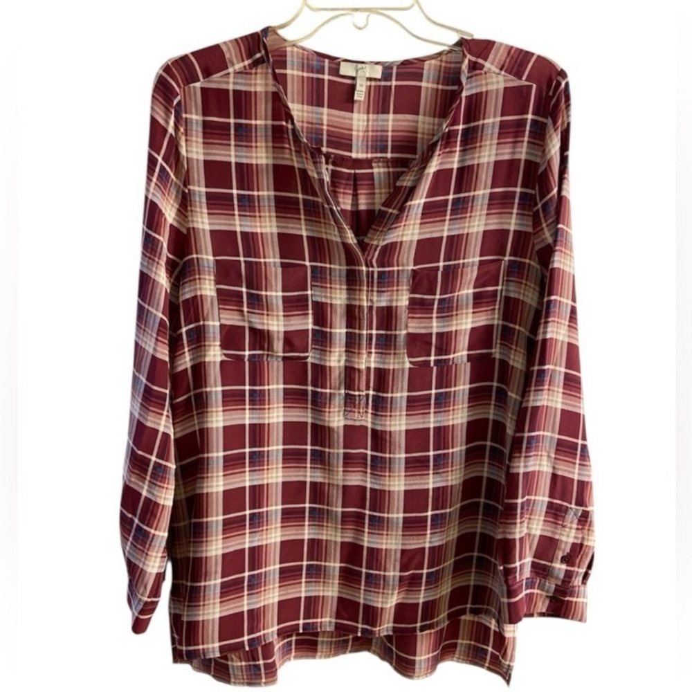 Joie Nepal Burgundy Plaid V-Neck Blouse silk Medium